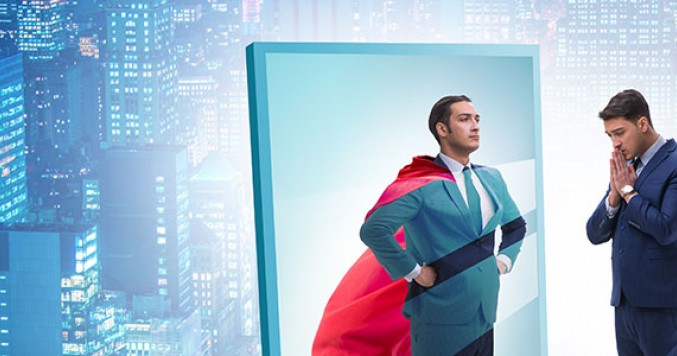 business man looking at its mirror, its image on the mirror is superman