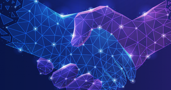 Digital representation of handshake blue and purple